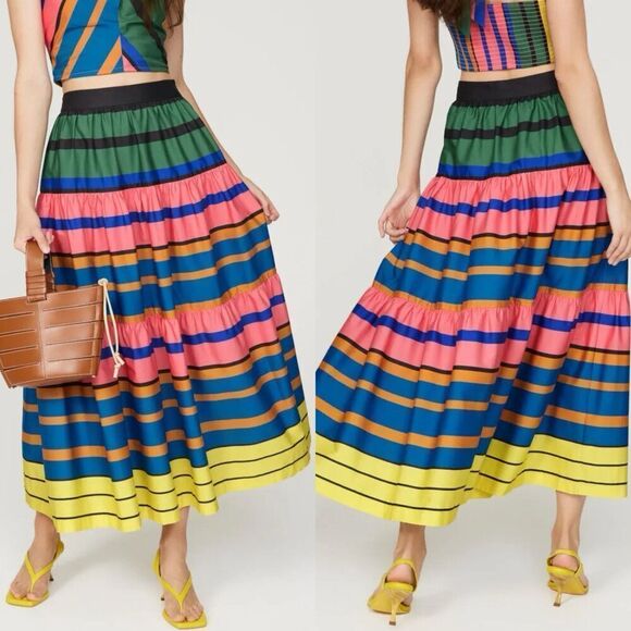 STAUD Sea Skirt Womens 4 Formentera Stripe Midi A-Line Cotton Blend Side Zip - Picture 11 of 11